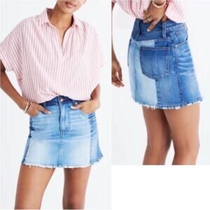 Madewell McCarren Pieced Two Tone Distressed Hem High Rise Denim Skirt